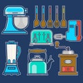 Kitchen and cooking vintage elements.Vector set of kitchenware kitchen unit, kettle, coffee mill, mixer, liquidizer Royalty Free Stock Photo