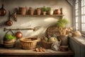 Kitchen corner with baskets, vegetables, and decor Royalty Free Stock Photo