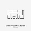 Kitchen corner bench flat line icon. Apartment furniture sign, vector illustration of dinner table and sofa. Thin linear