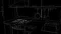 Kitchen corner with sink, wall pot rack, chimney hood, gas hob. Contour black and white illustra