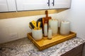 Kitchen Counter With Basket Of Containers And Utensils