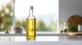 Sunlit Kitchen Counter Displaying Olive Oil, Green Olives, and Fresh Rosemary