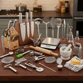 A kitchen counter displays a comprehensive assortment of kitchen tools Royalty Free Stock Photo