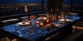 A Kitchen Counter Featurn a MarblePatterned Surface Against the Backdrop of a Tranalquil Evenin