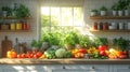 A kitchen counter filled with fresh vegetables and herbs, with a bright window in the background Royalty Free Stock Photo