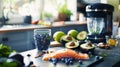 A kitchen counter filled with omega-rich foods such as salmon, avocado, blueberries, and nuts, ideal for a heart-healthy diet Royalty Free Stock Photo