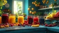 A kitchen counter with jars of homemade jam, fresh berries and fruit in a blue and yellow kitchen Royalty Free Stock Photo