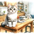 In this kitchen counter painting, a cute cat is sitting on the counter. Royalty Free Stock Photo