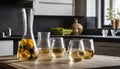 A kitchen counter with a pitcher and four glasses of wine