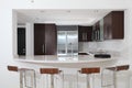 Kitchen with counter and stools