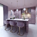 Kitchen counter with three chairs in lilac color in a trendy modern interior style