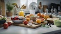 A kitchen counter topped with bowls of fruit and vegetables. AI generative image