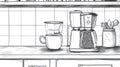 Kitchen Counter with Coffee Maker, Pour Over and Cup - Outline Drawing Royalty Free Stock Photo