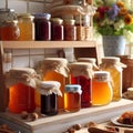 a kitchen countertop with several glass jars and bowls filled with assorted homemade jam