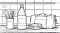 Sketch of Lunchbox, Bottle, and Utensils on Kitchen Counter Royalty Free Stock Photo