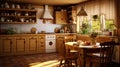 A kitchen in countrystyle with wooden furniture, textile elements and light shades