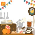 Kitchen cuisine. Cooking frame. Food preparation. Culinary recipes. Banner background. Hand drawn cartoon sketch. Place