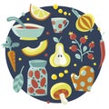 Kitchen cute set made with dishes, vegetables, fruits, berry, plate, soup, tomatoes, Bank, leaves, pear, carrot, cup
