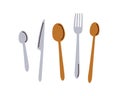 Kitchen cutlery set. Table knife, tablespoon, teaspoon, metal spoon and steel fork. Flatware top view. Dining, eating