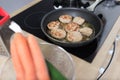 In kitchen, cutlets are fried in frying pan