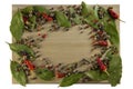 Kitchen cutting board, scattered spices in the form of a frame