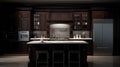 Kitchen with dark wood cabinetry. Interior of stylish kitchen with gray walls. generative ai Royalty Free Stock Photo