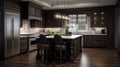 Kitchen with dark wood cabinetry. Interior of stylish kitchen with gray walls. generative ai Royalty Free Stock Photo