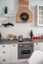 Kitchen decor for Christmas, New Year. Kitchen details, place for text