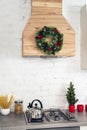 Kitchen decor for Christmas, New Year. Kitchen details, place for text.