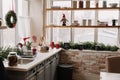 Kitchen Decorated Christmas Pine Tree Branches