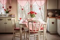 Kitchen decorated for Valentines day. Romantic dinner with red roses. Generative AI. Royalty Free Stock Photo