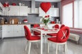 Kitchen decorated for Valentines day. Romantic dinner with red roses. Generative AI Royalty Free Stock Photo