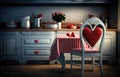 Kitchen decorated for Valentines day. Romantic dinner with red roses. Generative AI. Royalty Free Stock Photo