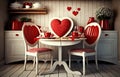Kitchen decorated for Valentines day. Romantic dinner with red roses. Generative AI. Royalty Free Stock Photo