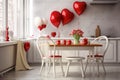 Kitchen decorated for Valentines day. Romantic dinner with red roses. Generative AI. Royalty Free Stock Photo