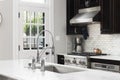 A kitchen detail with a chrome faucet and mahogany cabinets.