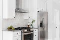 A kitchen detail with white cabinets, hexagon tile backsplash, and stainless steel appliances.