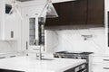A kitchen detail with white cabinets and a large brown metal range hood. Royalty Free Stock Photo
