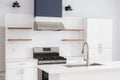 A kitchen detail with white cabinets, tiled backsplash, and blue oven hood.