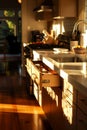 Kitchen devoid of items, drawers out, early morning glow, low side angle, vivid detail