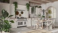 Kitchen and dining room with bleached wooden details in bohemian style. Table with chairs, carpet and appliances in white and Royalty Free Stock Photo