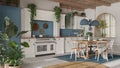 Kitchen and dining room with wooden details in bohemian style. Table with chairs, carpet and appliances in white and blue tones. Royalty Free Stock Photo