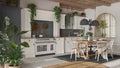 Kitchen and dining room with wooden details in bohemian style. Table with chairs, carpet and appliances in white and gray tones. Royalty Free Stock Photo