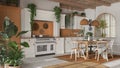 Kitchen and dining room with wooden details in bohemian style. Table with chairs, carpet and appliances in white and orange tones Royalty Free Stock Photo