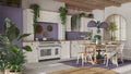 Kitchen and dining room with wooden details in bohemian style. Table with chairs, carpet and appliances in white and purple tones Royalty Free Stock Photo