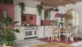 Kitchen and dining room with wooden details in bohemian style. Table with chairs, carpet and appliances in white and red tones. Royalty Free Stock Photo