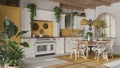 Kitchen and dining room with wooden details in bohemian style. Table with chairs, carpet and appliances in white and yellow tones Royalty Free Stock Photo