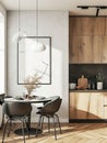 kitchen with dining table and wall poster mockup, interior mock up with house background Royalty Free Stock Photo