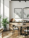 kitchen with dining table and wall poster mockup, interior mock up with house background Royalty Free Stock Photo