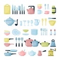 Kitchen dishes and glassware flat illustrations set